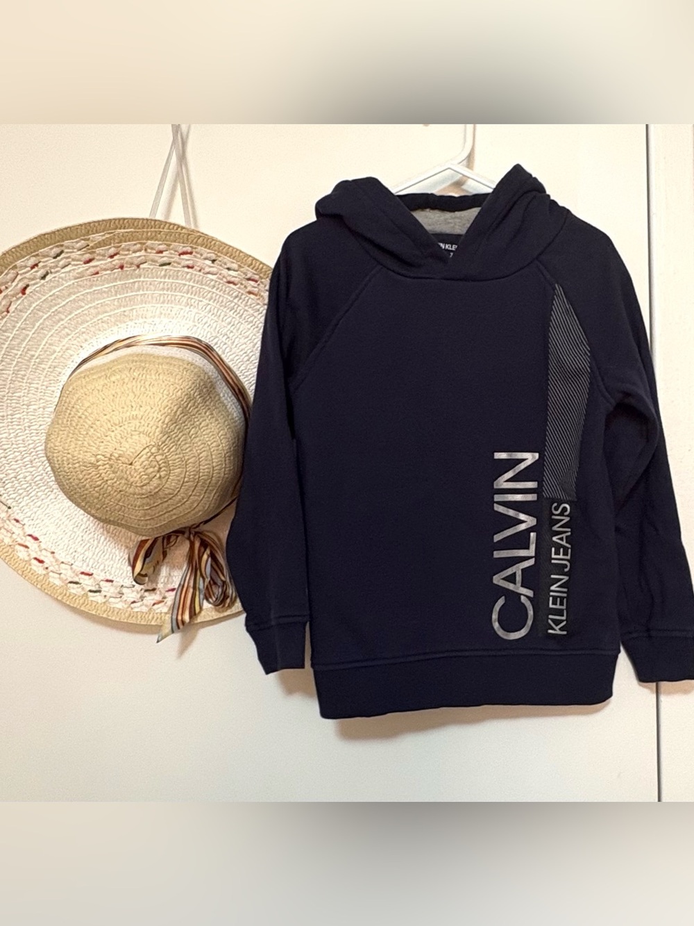 Calvin Klein Navy Blue Kids Hoodie with Vertical Logo